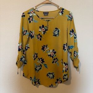 Van Heusen Yellow Blue Teal Pink Flowers Floral Blouse 3/4 Sleeve Size XXS